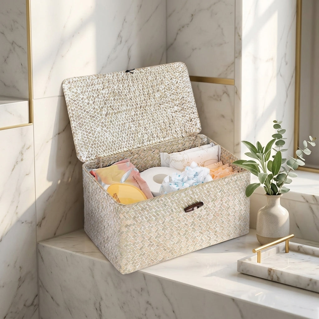 Seagrass Storage Basket with Lid, 12.2 x 7.5 in, Whitewash