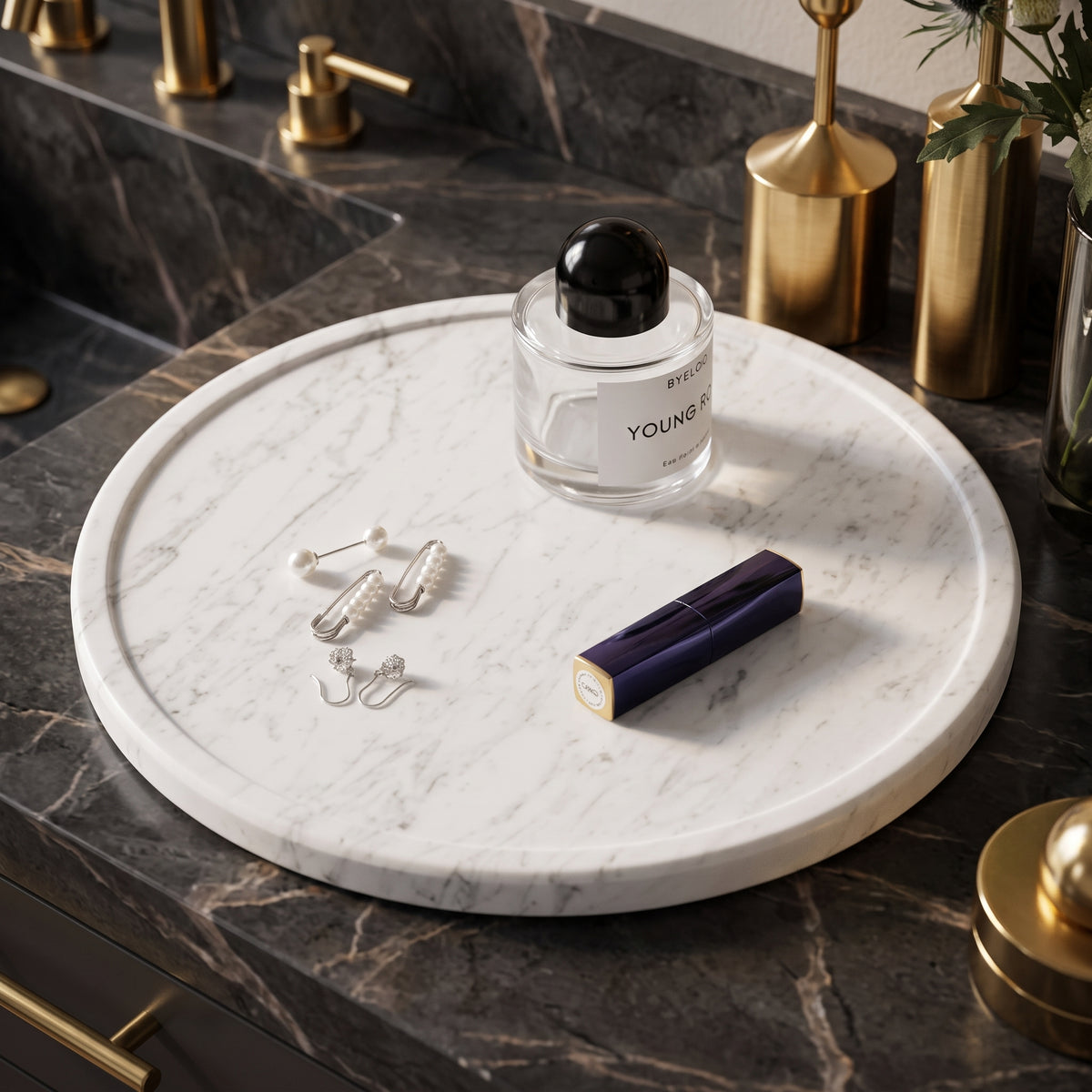 Round Bianco Carrara Marble Tray, 11.8 in