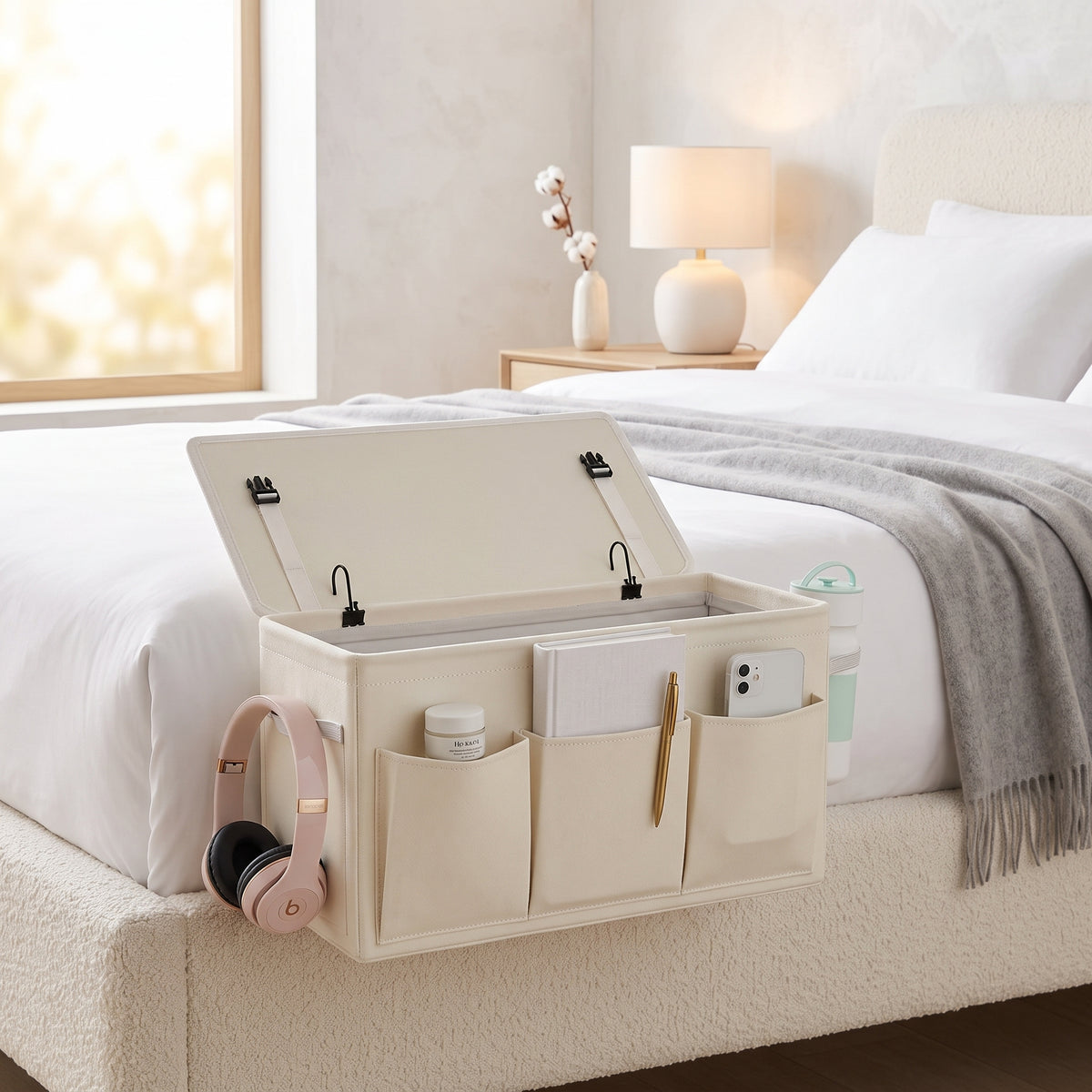 6-Pocket Canvas Bedside Caddy, Hook or Under-Mattress Mount