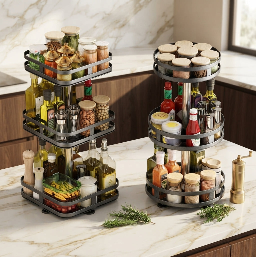 360° Rotating Metal Spice Rack, Square or Round, Black