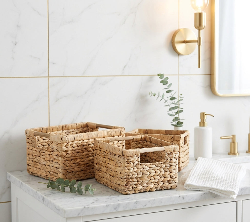 Water Hyacinth Wicker Baskets with Wood Handles, Medium, 3 Pack