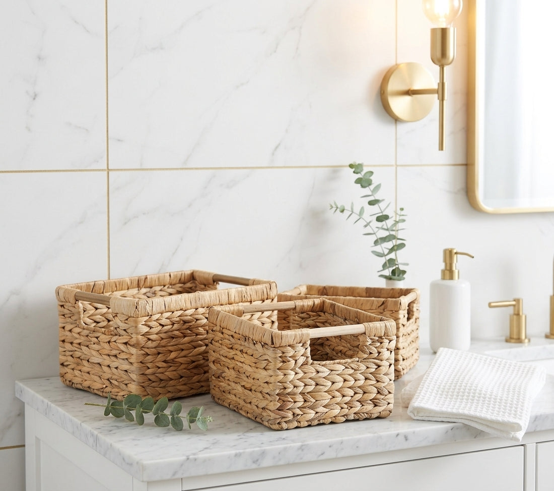 Water Hyacinth Wicker Baskets with Wood Handles, Medium, 3 Pack
