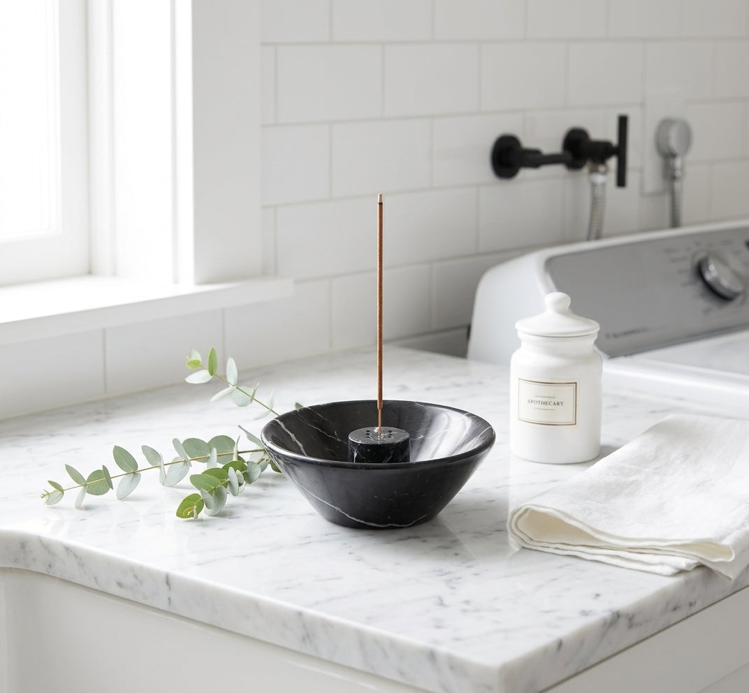 Black Marble Incense Bowl with Two 9-Hole Stick Holders, 5.5 in