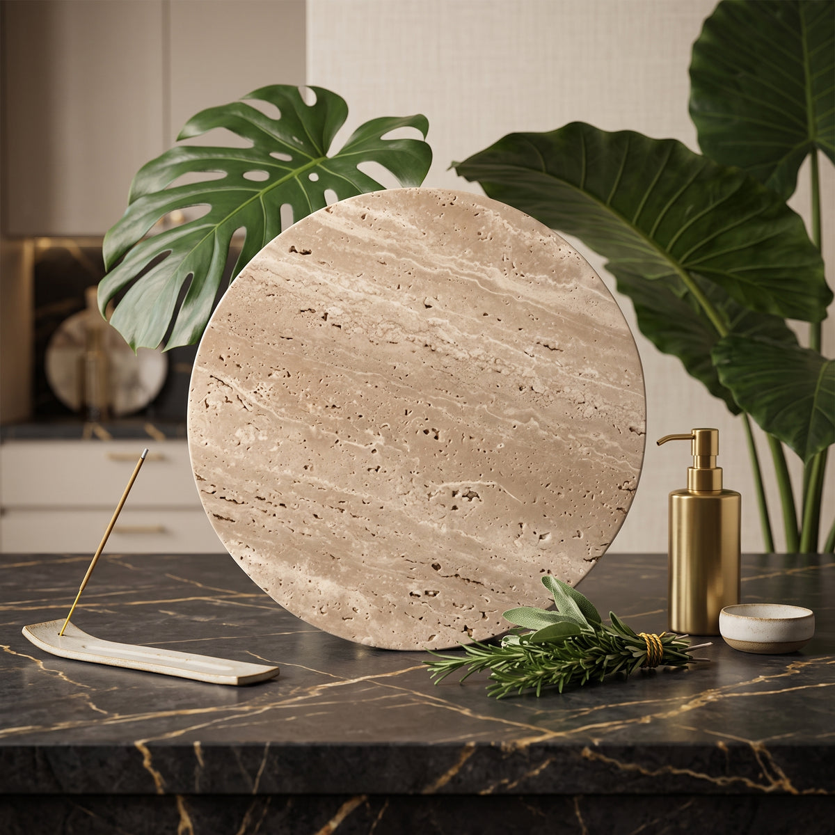 Round Travertine Stone Serving Board, Beige