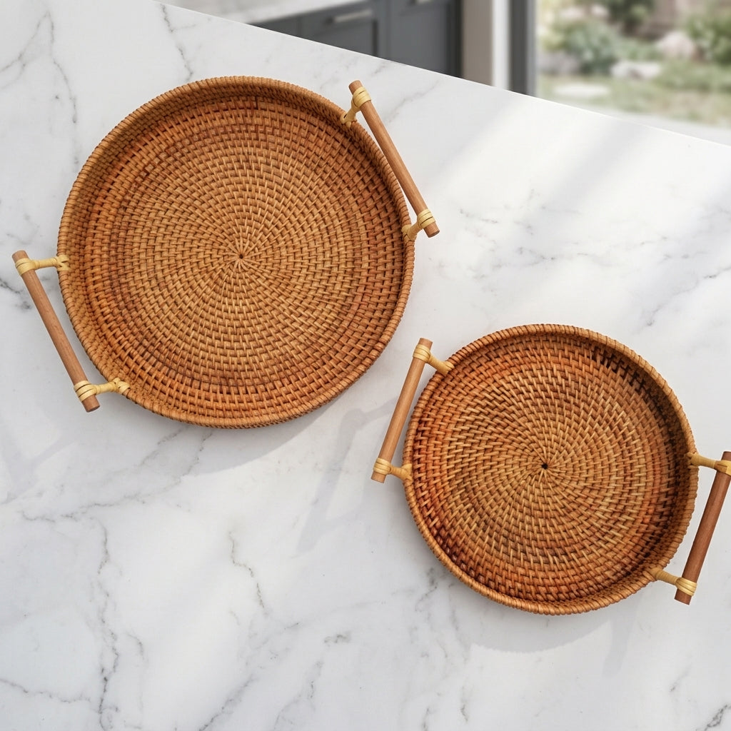 Woven Rattan Fruit and Snack Basket, 22, 24 or 28 cm, Brown