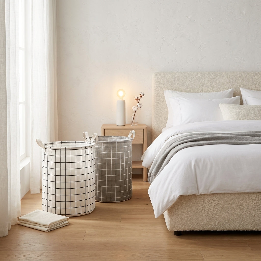 Round Foldable Cotton Linen Laundry Basket, 35 x 43.5 cm