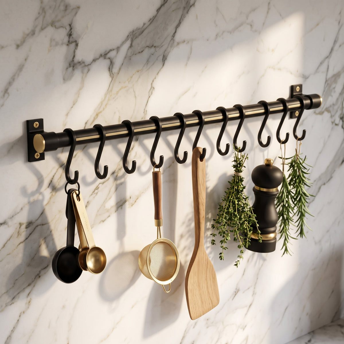 No-Drill Aluminum Kitchen Wall Rack with Rod and 10 Hooks, Black