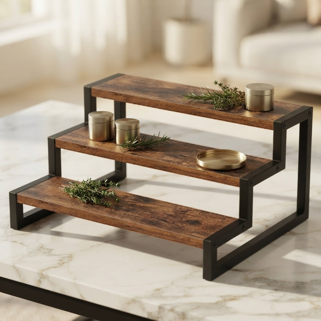 3-Tier Wood-Grain Display Riser Shelf for Counter or Vanity