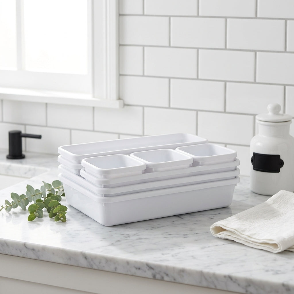 Multi-Compartment Plastic Drawer Organizer, Black or White