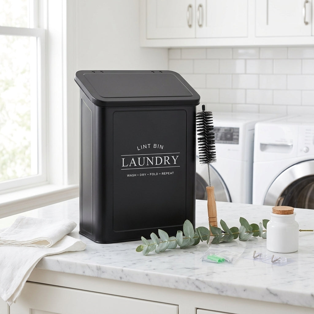 Magnetic Metal Lint Bin with Lid and Brush for Dryer, Black
