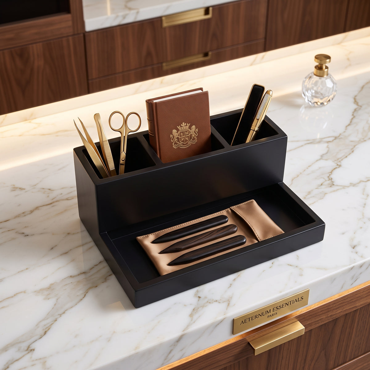3-Compartment Brush and Toothbrush Organizer with Tray, Matte Black