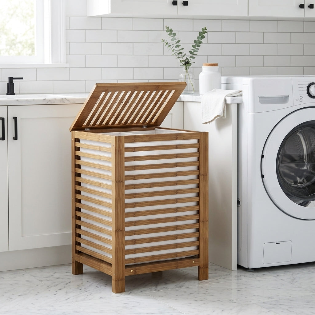Bamboo Double Laundry Hamper with Lid and 2-Section Liner, 120L