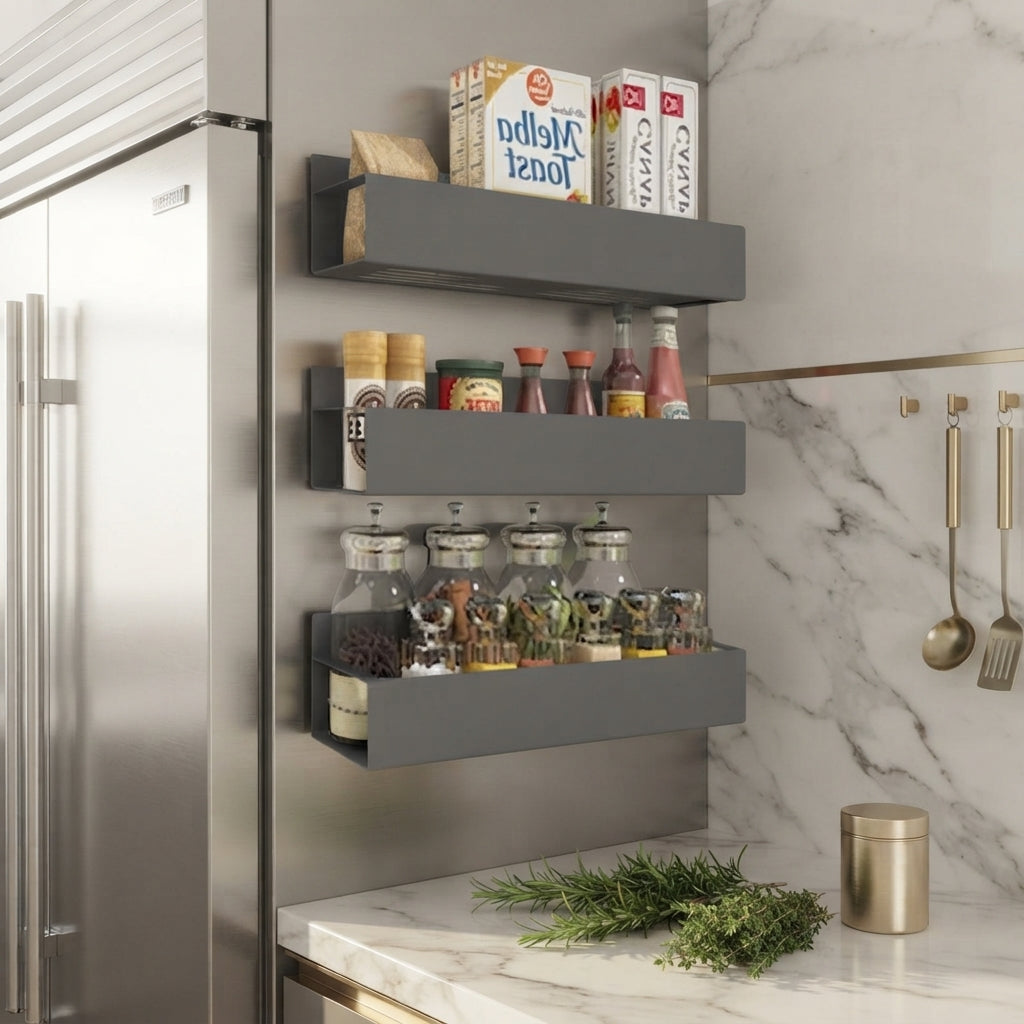 Stainless Steel Magnetic Spice Shelves, 2 Sizes, Grey, Set of 4