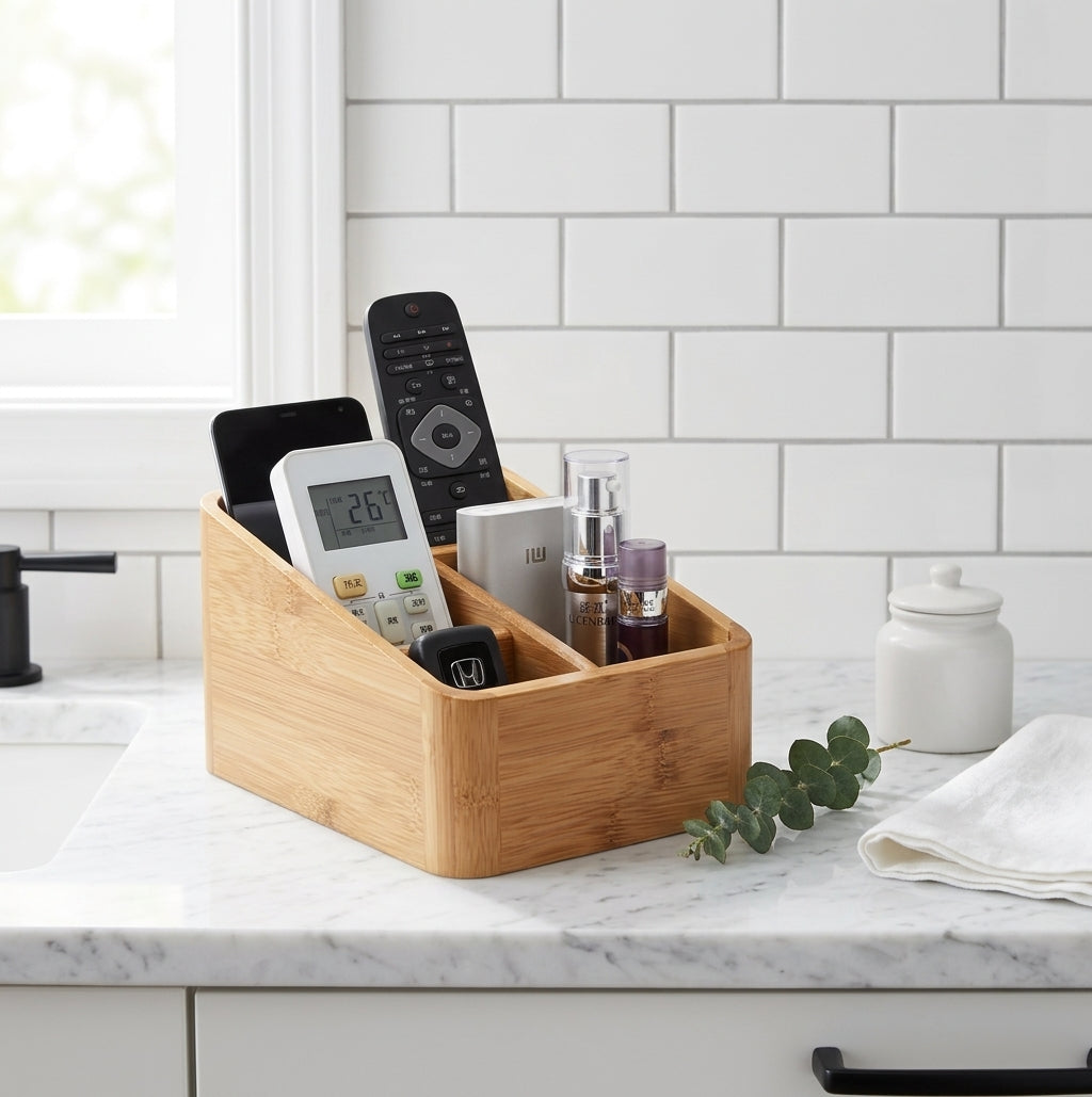 Bamboo Desktop Organizer for Remotes and Cosmetics, 3 Styles