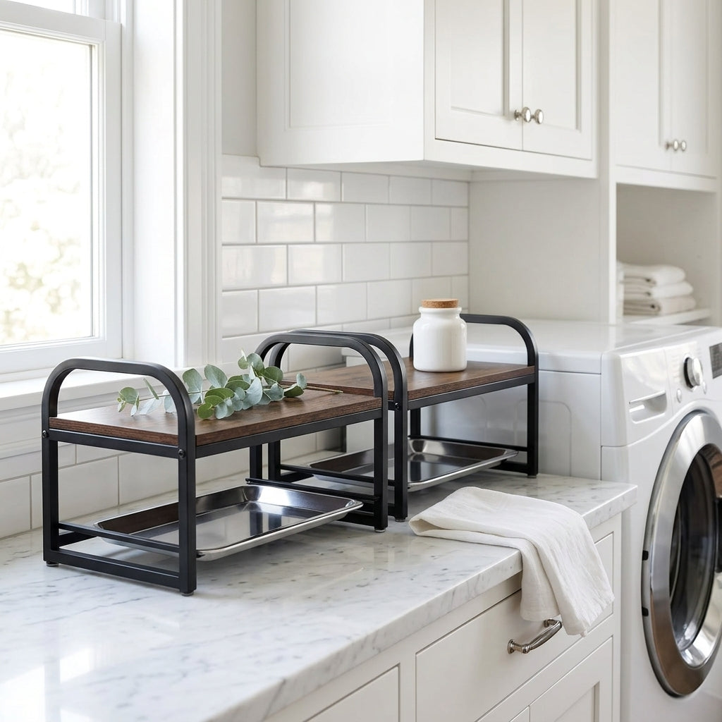 Laundry Detergent Shelf with Built-In Drip Tray, Set of 2, Walnut