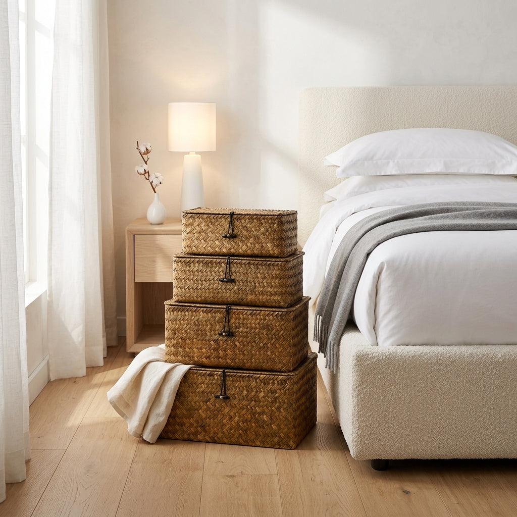 Woven Seagrass Storage Baskets with Lids, Nesting Set of 4