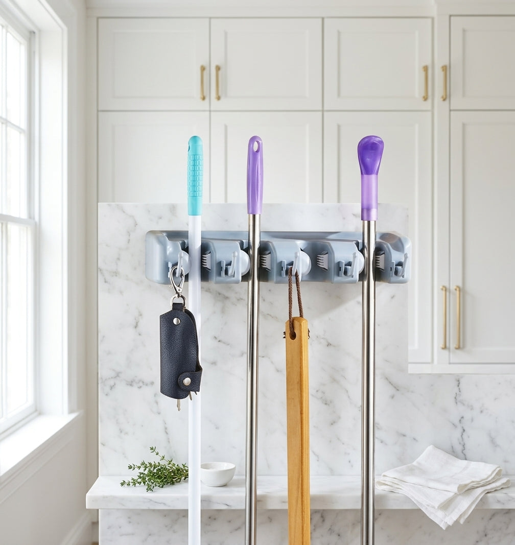 Wall-Mounted Mop and Broom Holder with Hooks, Grey