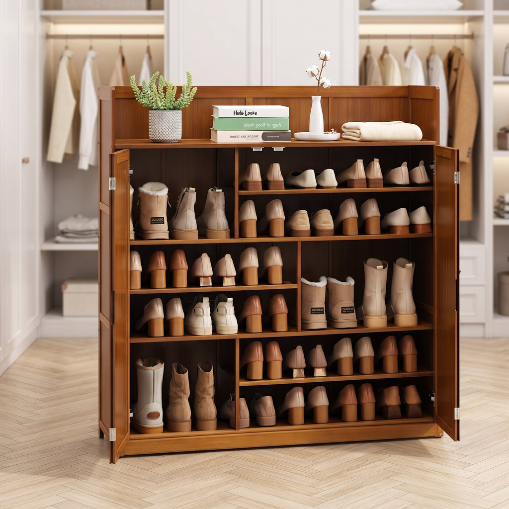 Bamboo and MDF Shoe Cabinet with Doors, Holds 24 Pairs, Brown