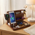 Solid Wood Nightstand Phone Docking Station and Valet Tray, Red Brown