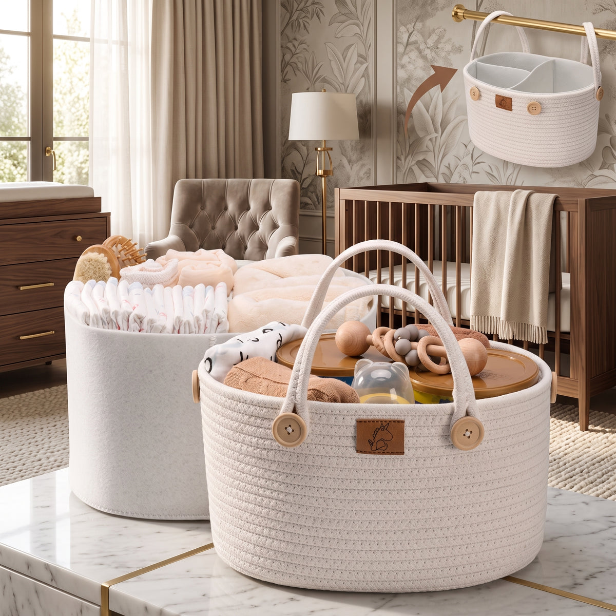 Hanging Diaper Caddy with Detachable Handles, Rope and Felt, Ivory
