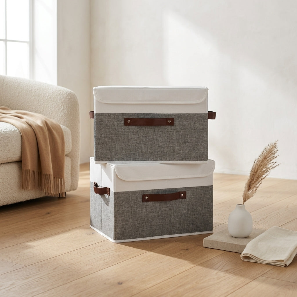 Linen Fabric Storage Bins with Lids and Handles, 15 x 10 in, 2 Pack