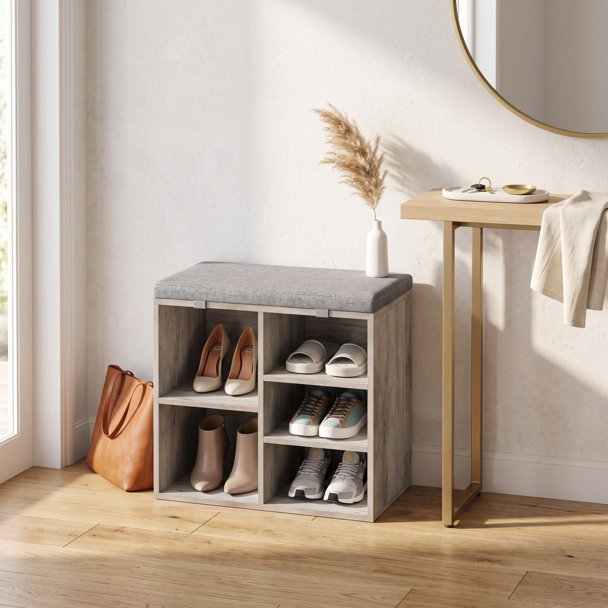 Shoe Storage Bench with Padded Cushion and 5 Cubbies, Grey