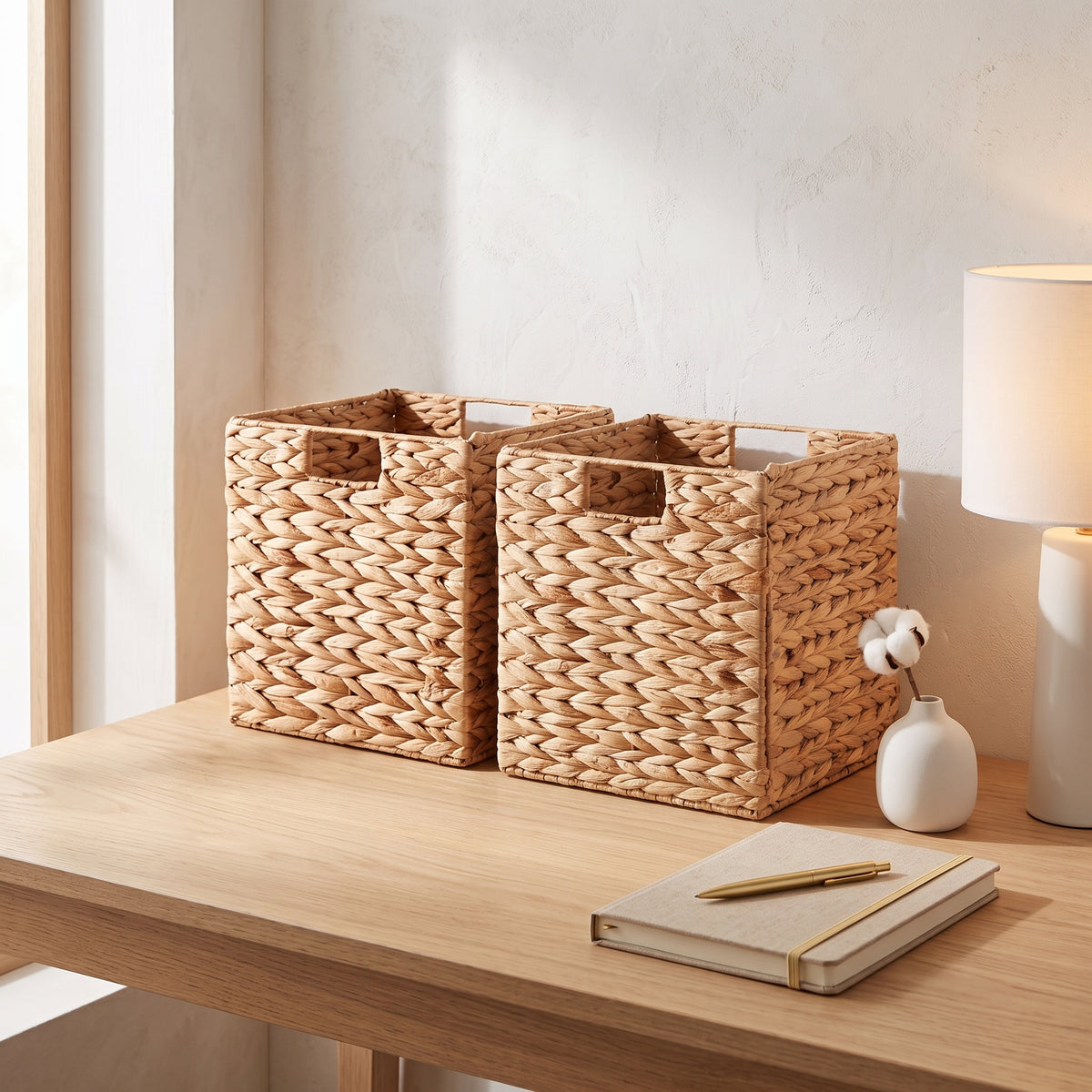 Foldable Water Hyacinth Cube Baskets, 9 x 9 x 9 in, Set of 2