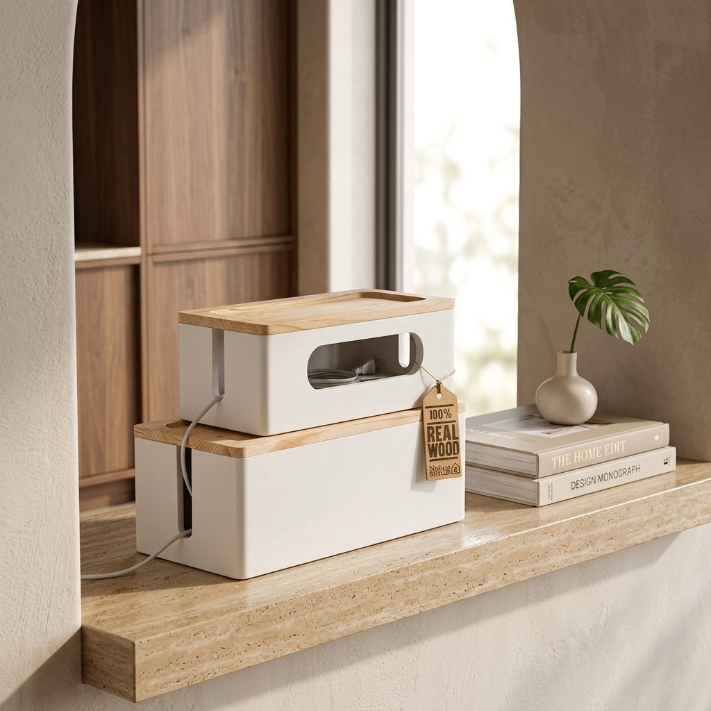 Wood Cable Management Boxes, Set of 2 with Accessories, White