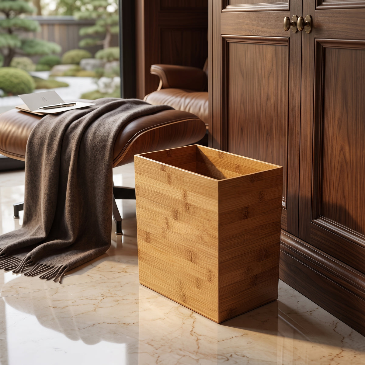 Slim Rectangular Bamboo Veneer Waste Basket, 10.5 x 5.75 x 10 in
