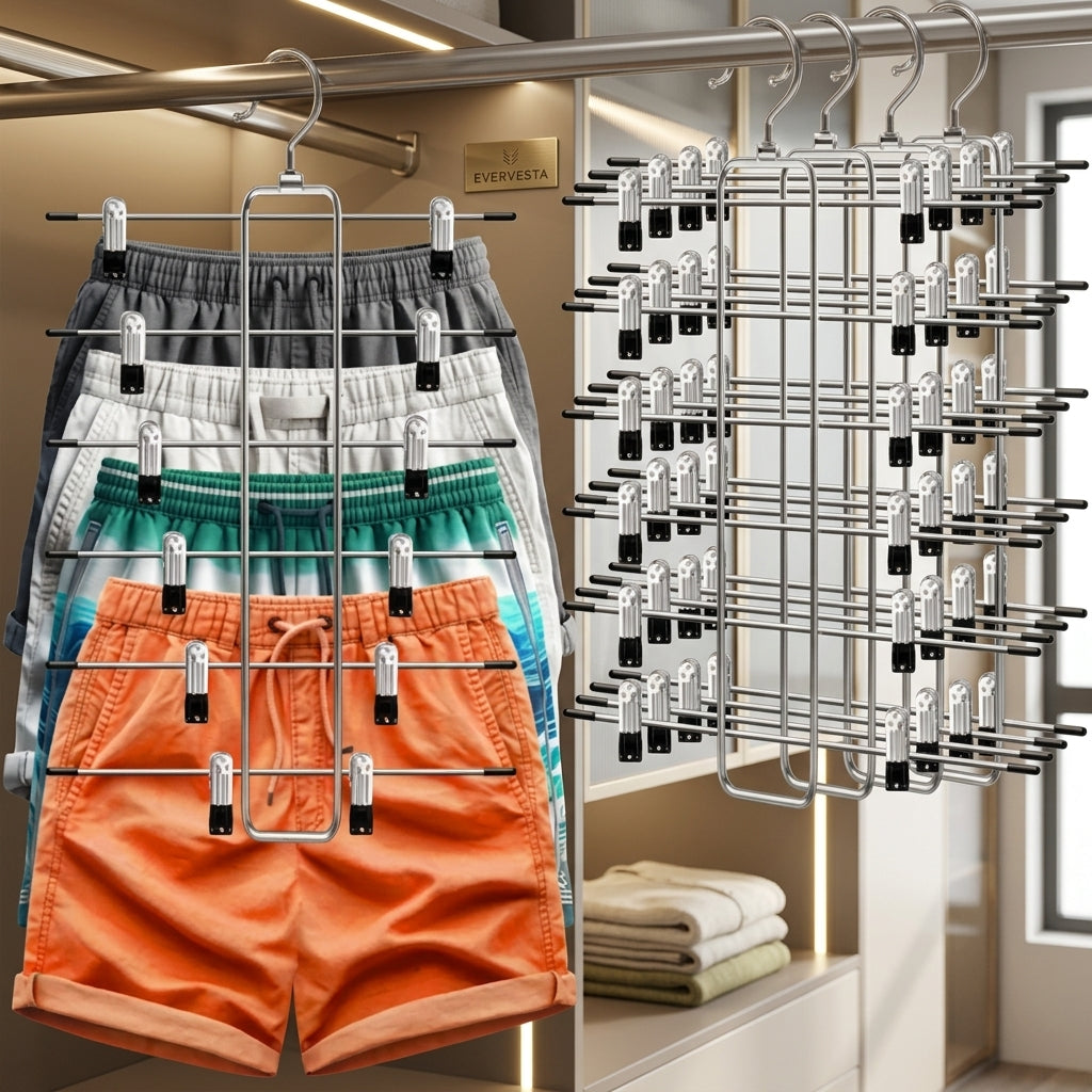 6-Tier Space-Saving Metal Pants Hangers with Clips, 4 Pack, Silver