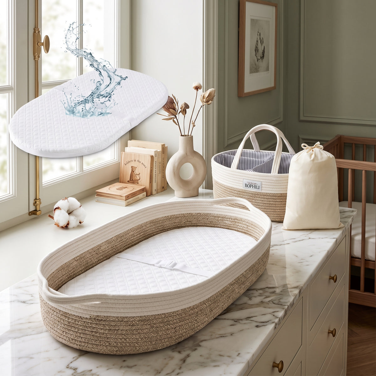 Cotton Rope Baby Changing Basket Set with Caddy and Foam Pad, Brown
