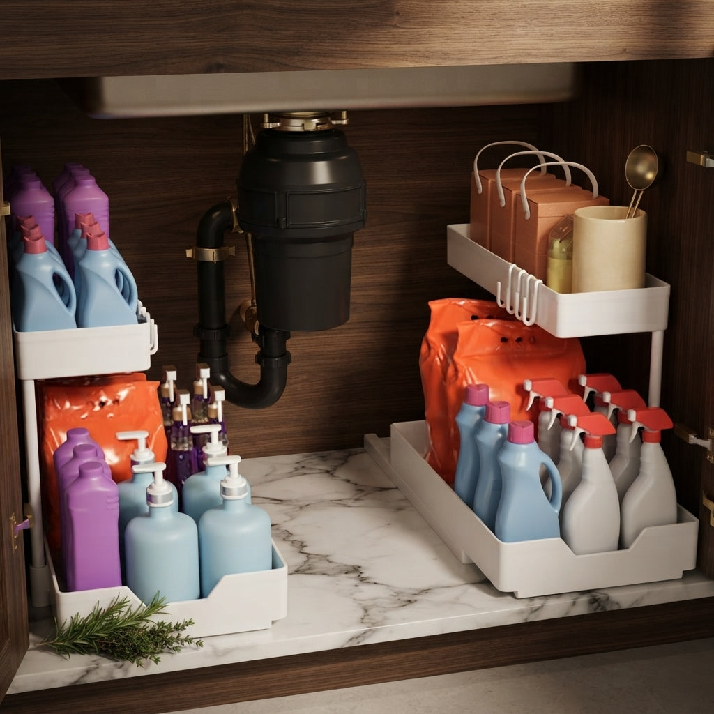 L-Shape 2-Tier Under-Sink Sliding Organizer, White, Set of 2