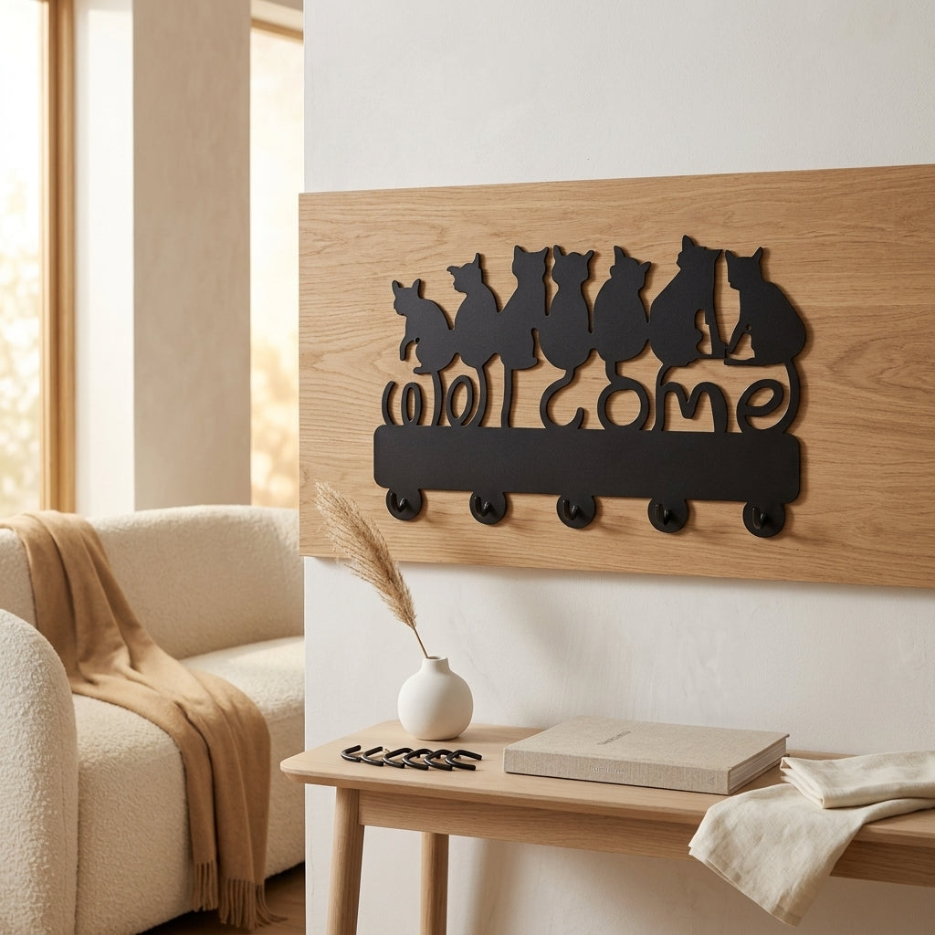 Cat Silhouette Wall Coat Hook Rack, Black