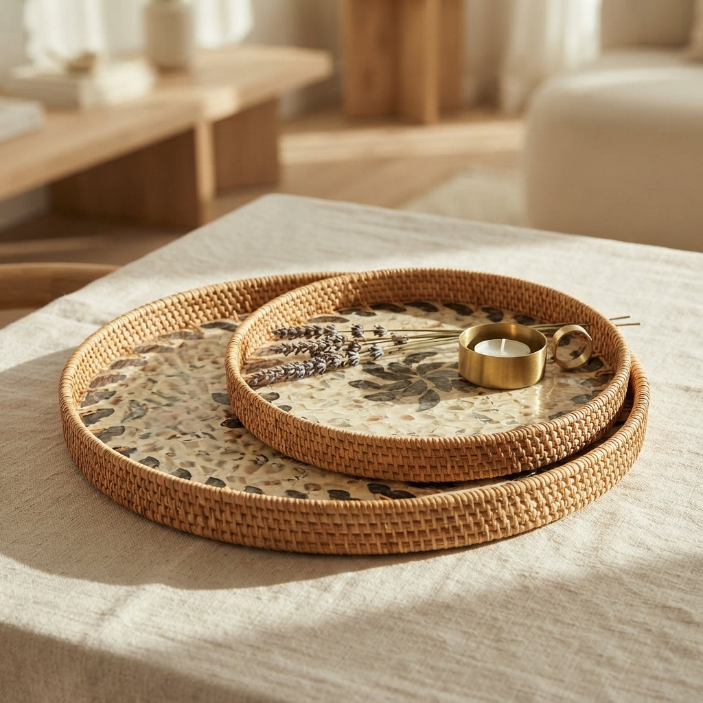 Round Rattan Trays with Mother-of-Pearl Inlay, 14 and 12 in, Set of 2