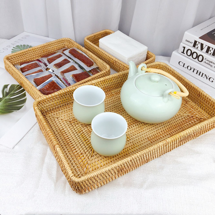 Woven Rattan Desktop Storage Tray, Japanese Style, 4 Sizes