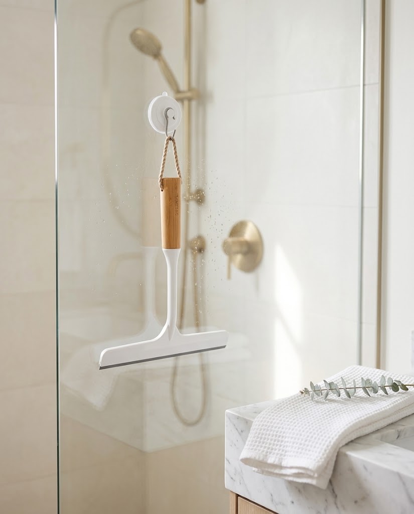 Curved Handle Shower Squeegee with Rubber Blade and Suction Hook, White