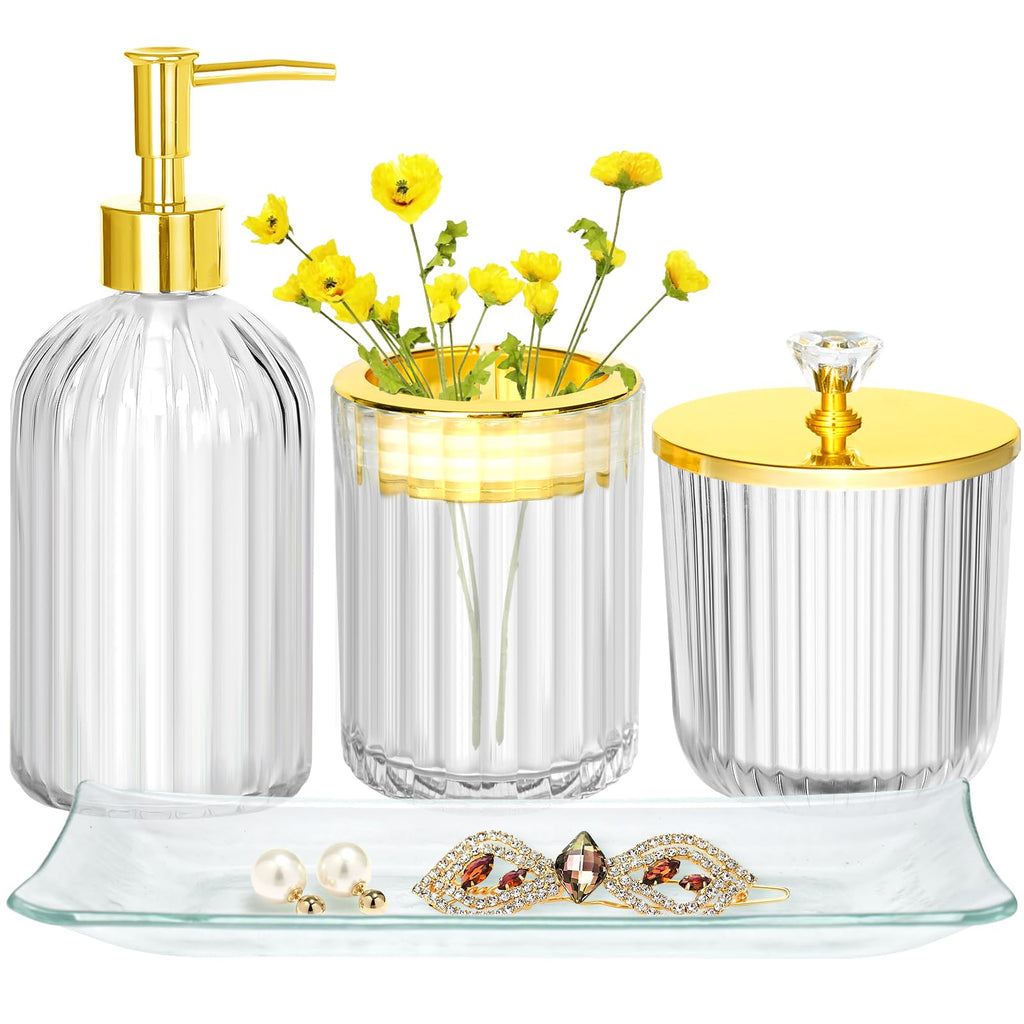Clear and Gold Glass Bathroom Accessories Set, 4 Pieces