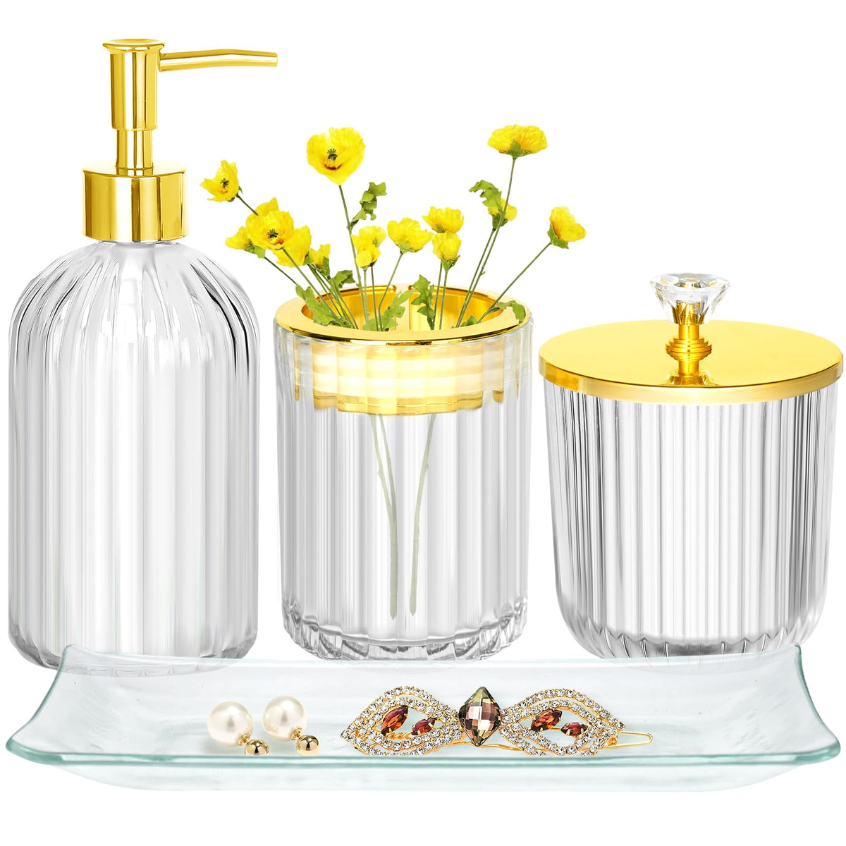 Clear and Gold Glass Bathroom Accessories Set, 4 Pieces