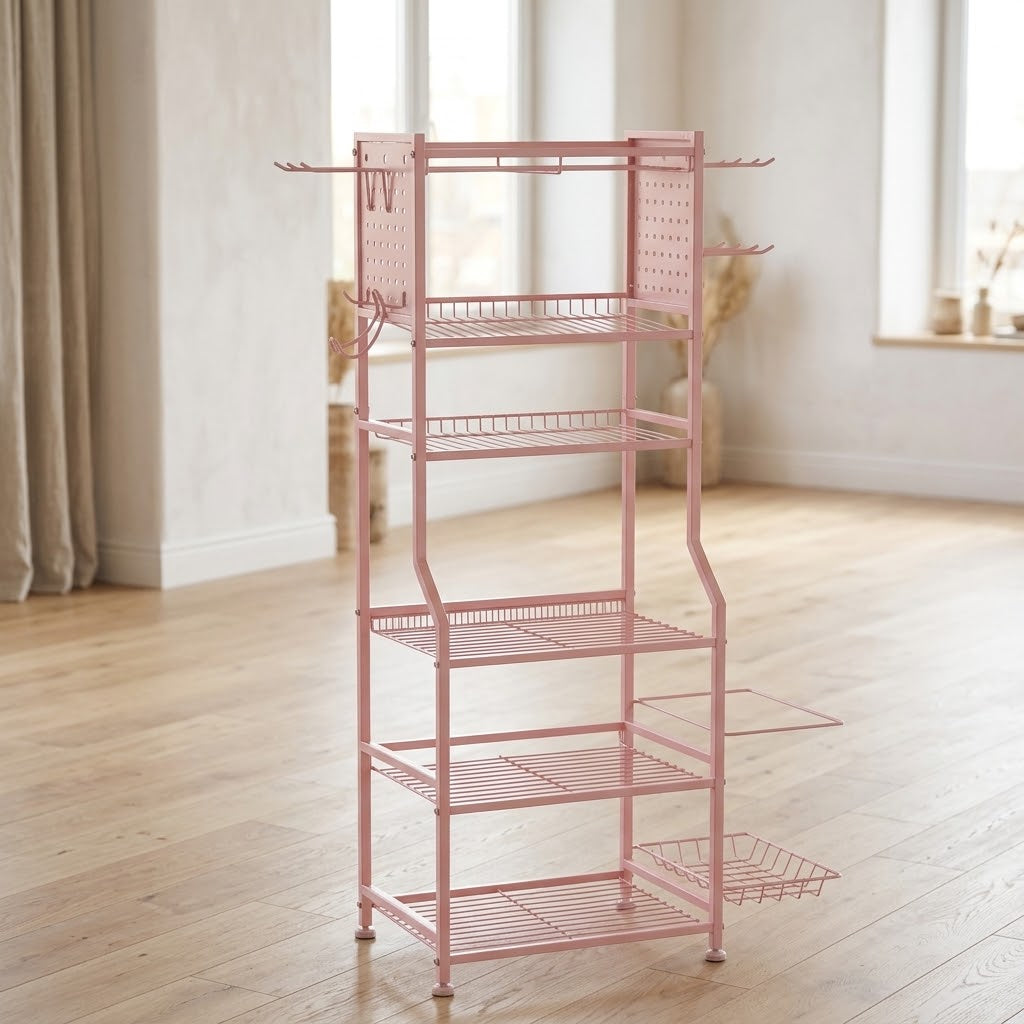 6-Tier Dumbbell Rack with Pegboard, Hooks and Mat Basket, Pink