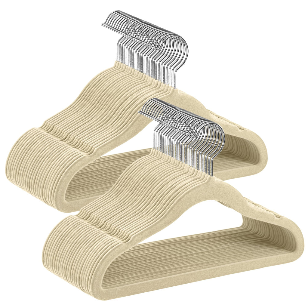 Non-Slip Velvet Kids Hangers with Swivel Hook, 50 Pack, Beige