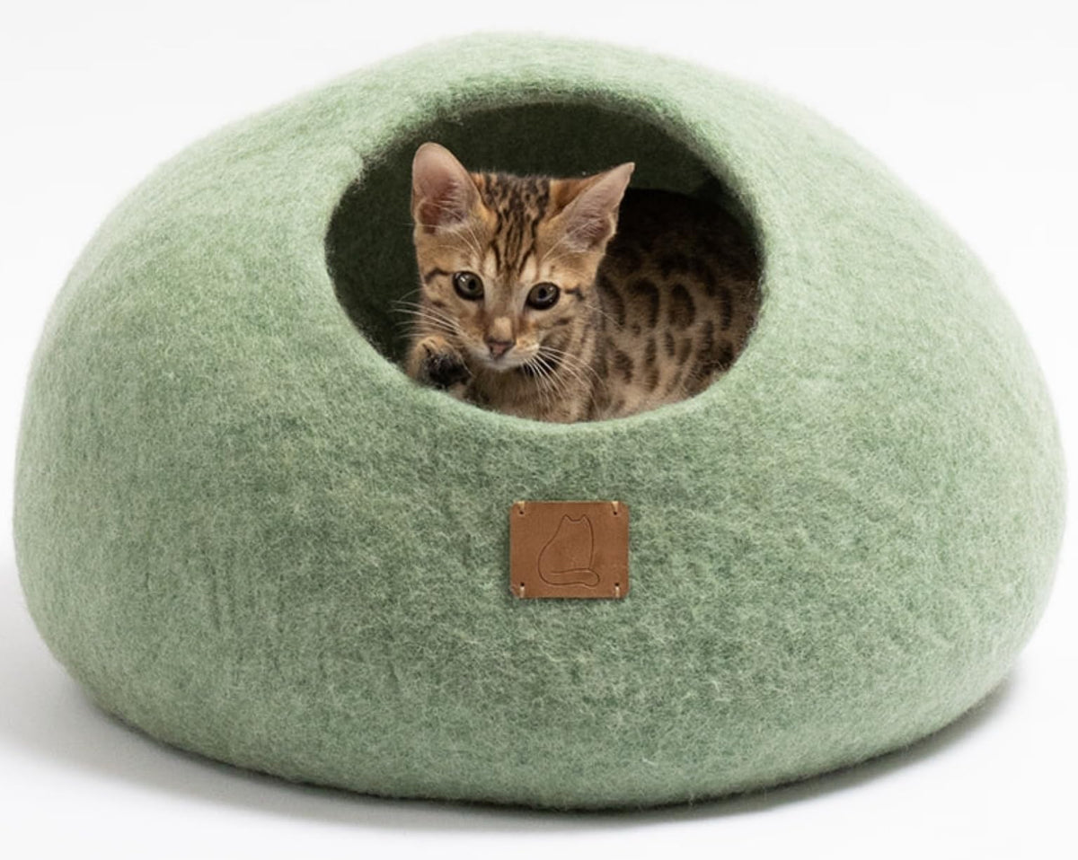 Extra Thick Handmade Felted Wool Cat Cave, Large, Eucalyptus Green