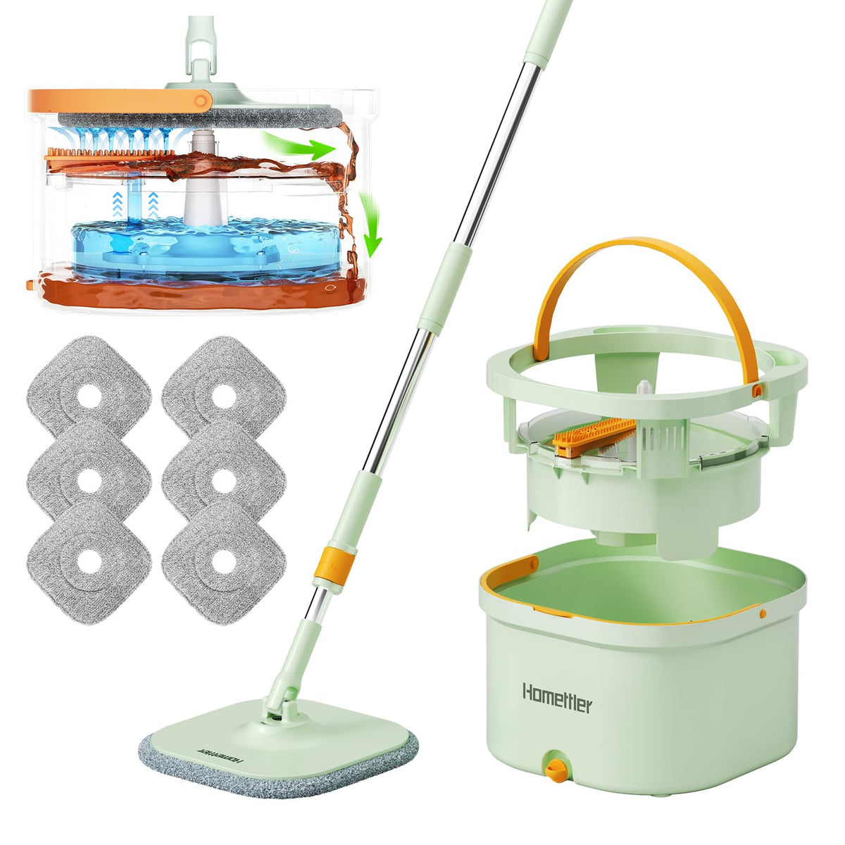 Spin Mop and Double Bucket with 6 Microfiber Pads, 52 in Mop