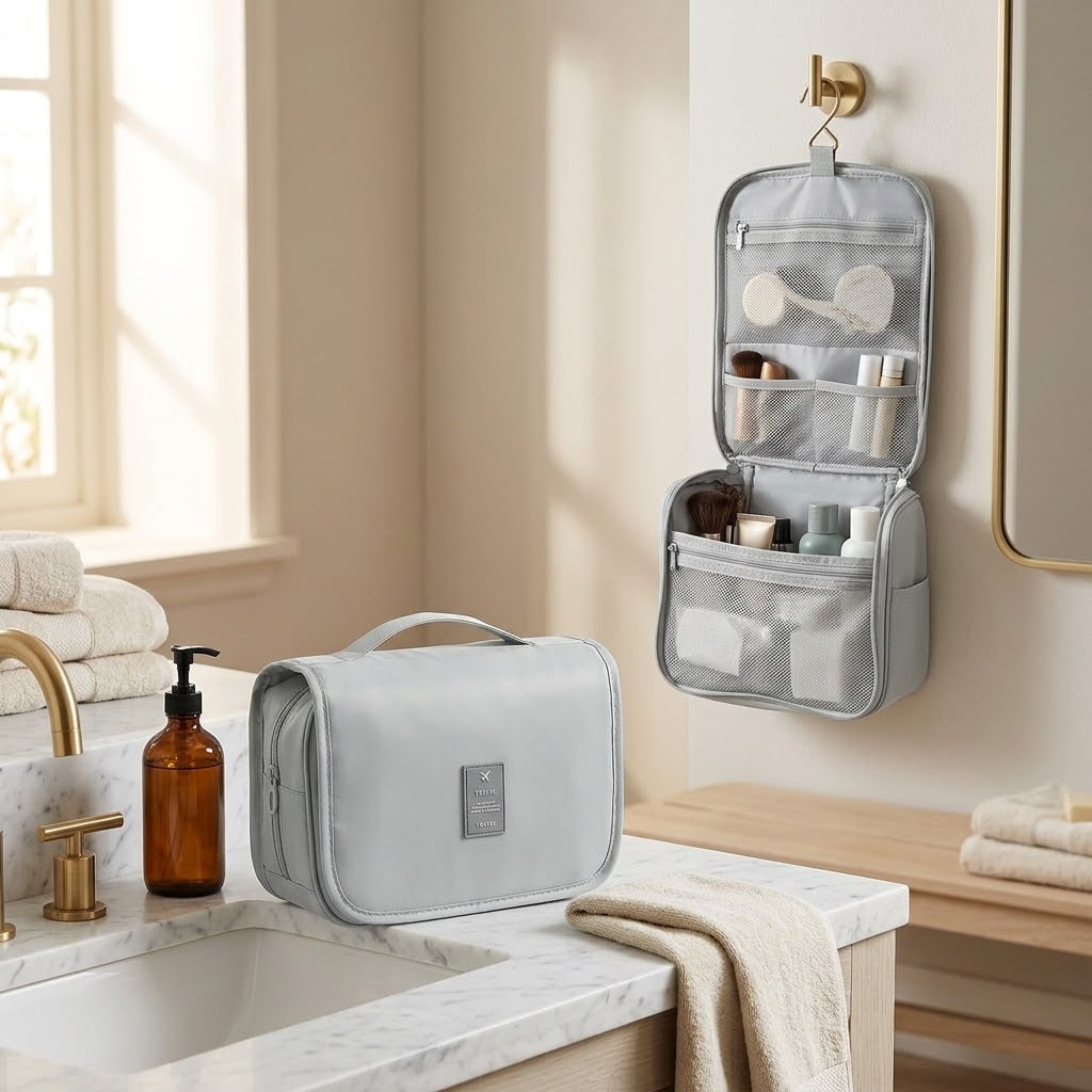 Waterproof Hanging Toiletry Bag with Clear Pocket, Light Grey