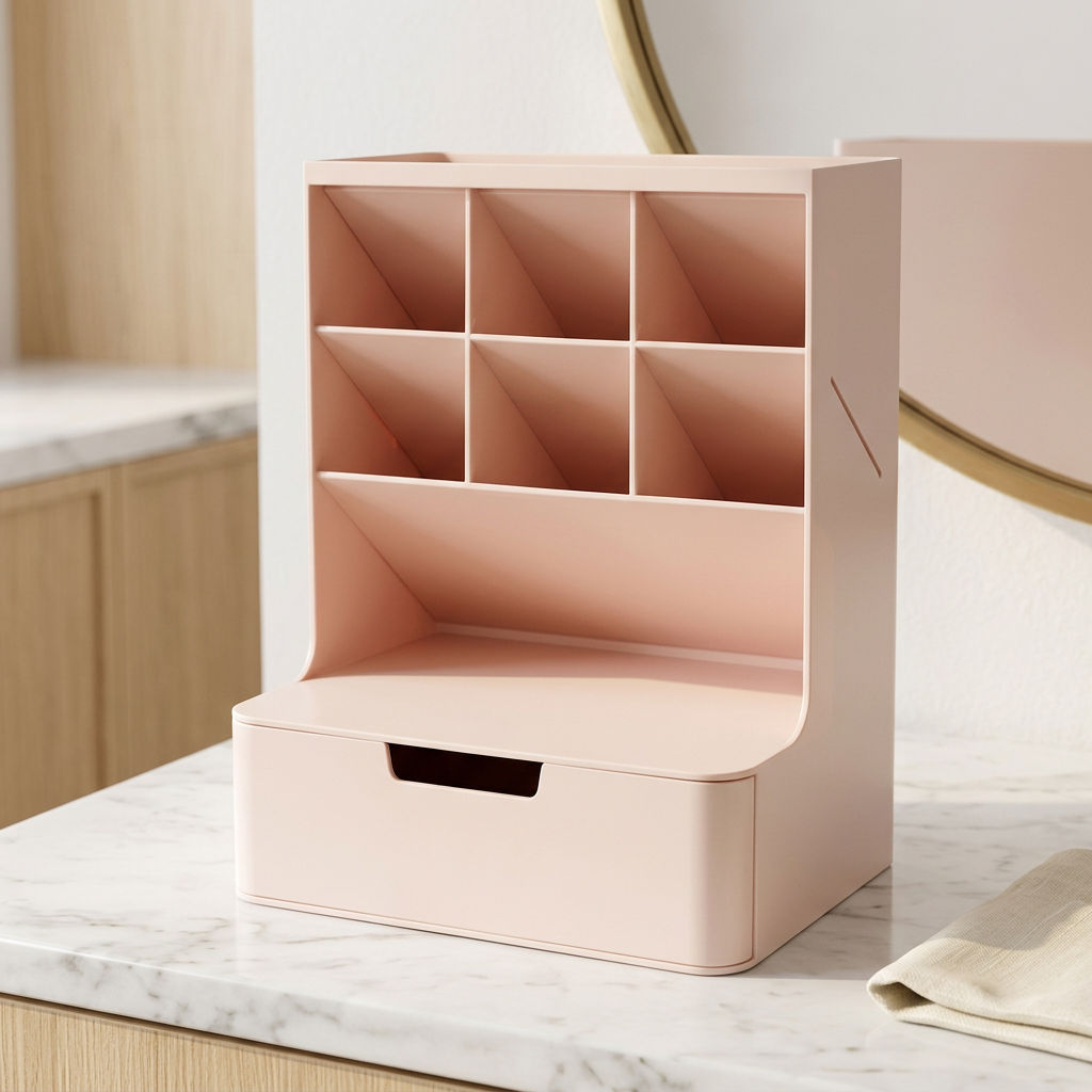 Makeup Organizer with Drawer, Six 45° Slanted Compartments, Pink