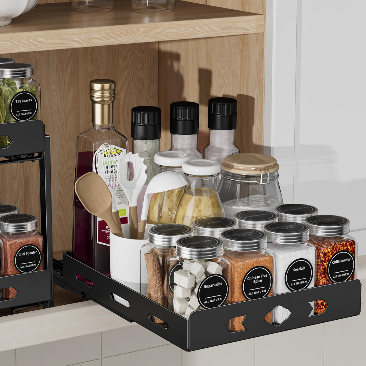 Slide-Out Metal Spice Rack for Cabinets, 8.4 in Wide, Black