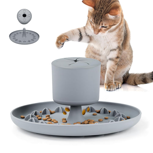 2-in-1 Wobble Slow Feeder Cat Bowl with Suction Base, Grey