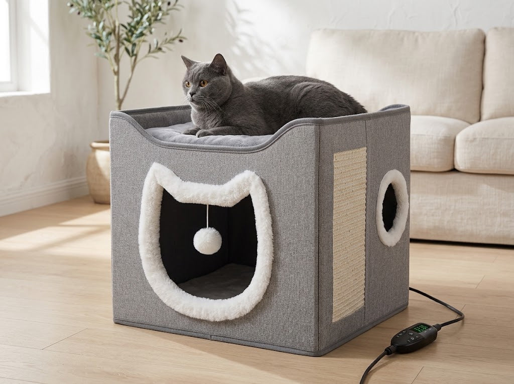 Heated Cat House with Rooftop Lounge and Reversible Cushions, 15.5 in