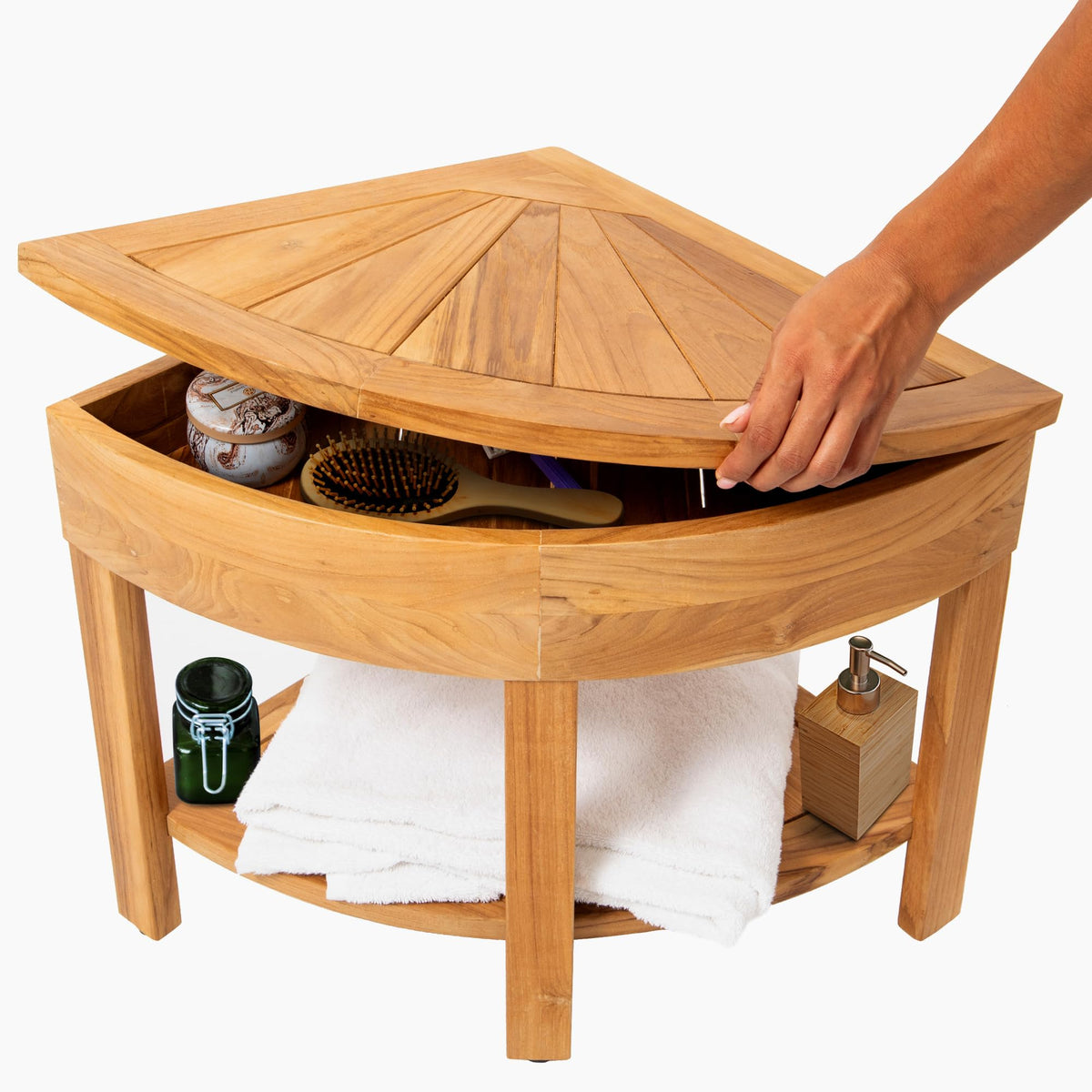 Teak Corner Shower Bench with Storage Compartment, 18 in