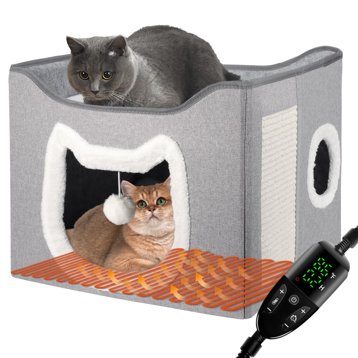 Heated Cat House with Rooftop Lounge and Reversible Cushions, 15.5 in