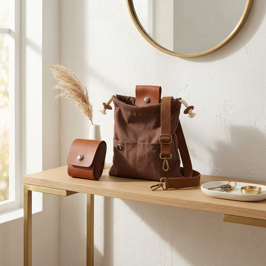 Canvas Foraging Pouch with Front Pockets and Shoulder Strap, Brown